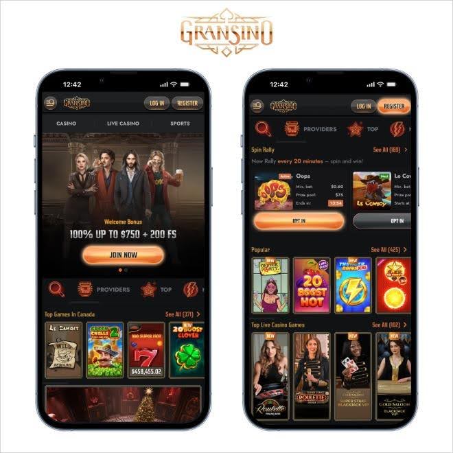 Gransino casino homepage displaying a large selection of online slots, table games, and software providers