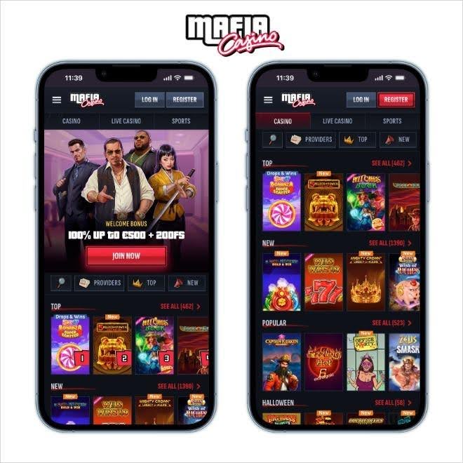 Mafia Casino homepage featuring weekly bonuses, casino games, and Interac payment options for Canadian players