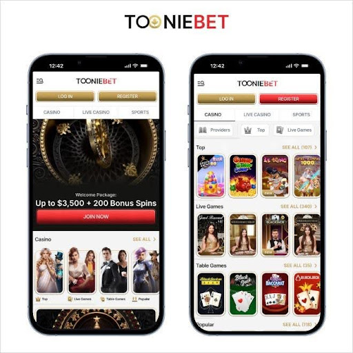 Tooniebet online casino homepage showing Canadian dollar payments, casino games, and mobile app access